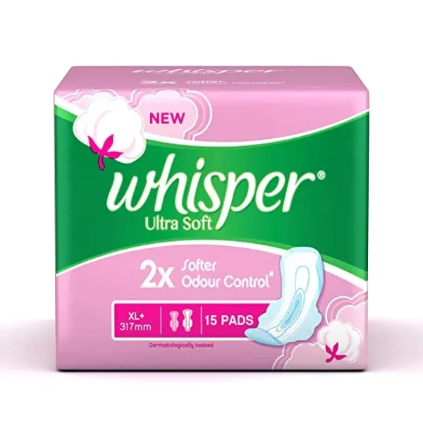 Whisper Ultra Soft Sanitary Pads For Women, Xl+, 15 Napkins