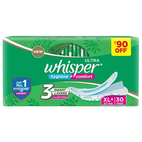 Whisper Ultra Clean Sanitary Pads For Women, X-Large Plus, Pack Of 30
