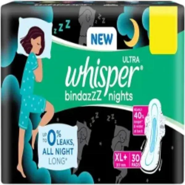 Whisper Bindazzz Night Sanitary Pads Pack of 30 thin Pads XL+