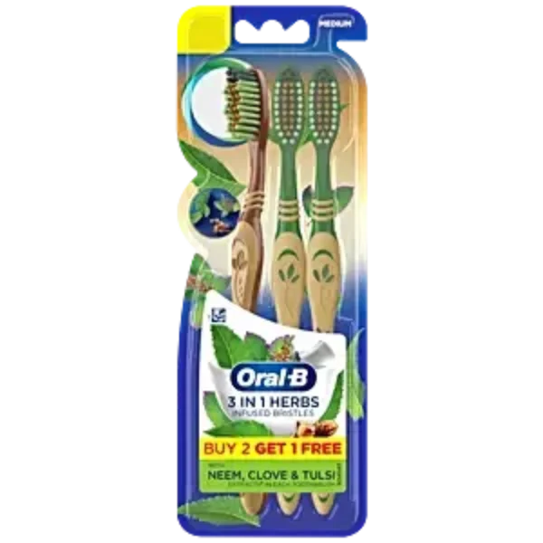 Oral-B 3 In 1 Toothbrush – Herbs Infused Bristles With Neem, Clove & Tulsi Extracts, 1 Pc (Pack Of 3)