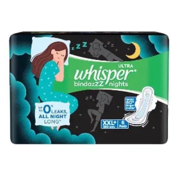 Whisper Ultra Night Sanitary Pads For Women, Xxl+ 6 Napkins Pack Of 1