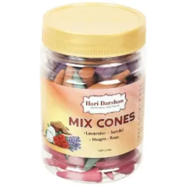Hari Darshan Mix Dry Dhoop Cones – Lavender, Rose, Sandal, Mogra, 120 pcs Jar